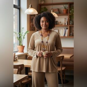 Roaman’s Women’s Plus Size Petite Large 2-PC Beige Brown Velour Pant Set